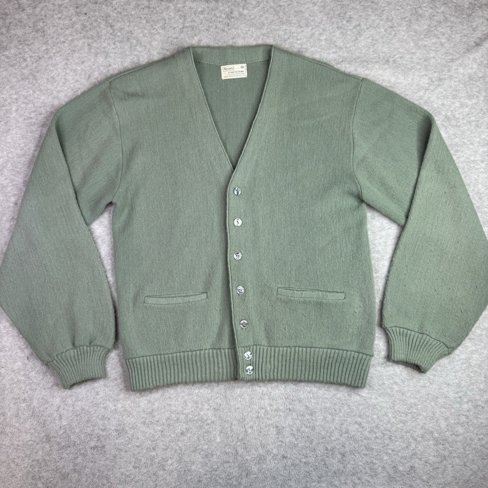 Vintage 60s Sears Sportswear Cardigan M Mint Green Grandpacore USA Mr Roger's